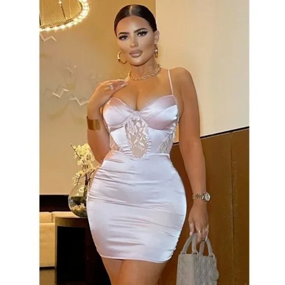 Pink Satin Silk Lace Sleeveless Bustier Bodycon Mini Dress - Picture 16 of 17